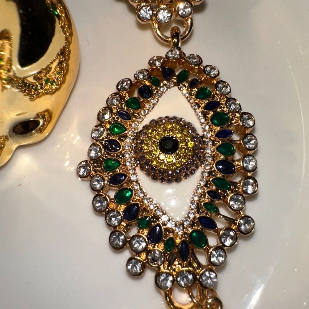 Ornate Evil Eye Gold Tone Statement Earrings with Crystal - Picture 8 of 8